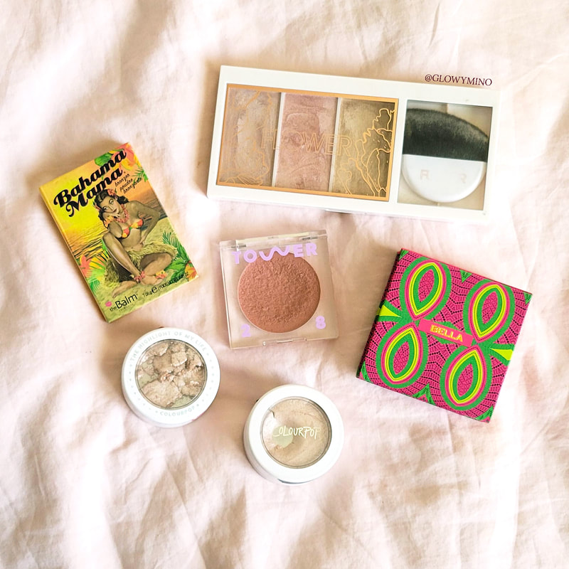 flatlay of highlighters, blushes, and a bronzer