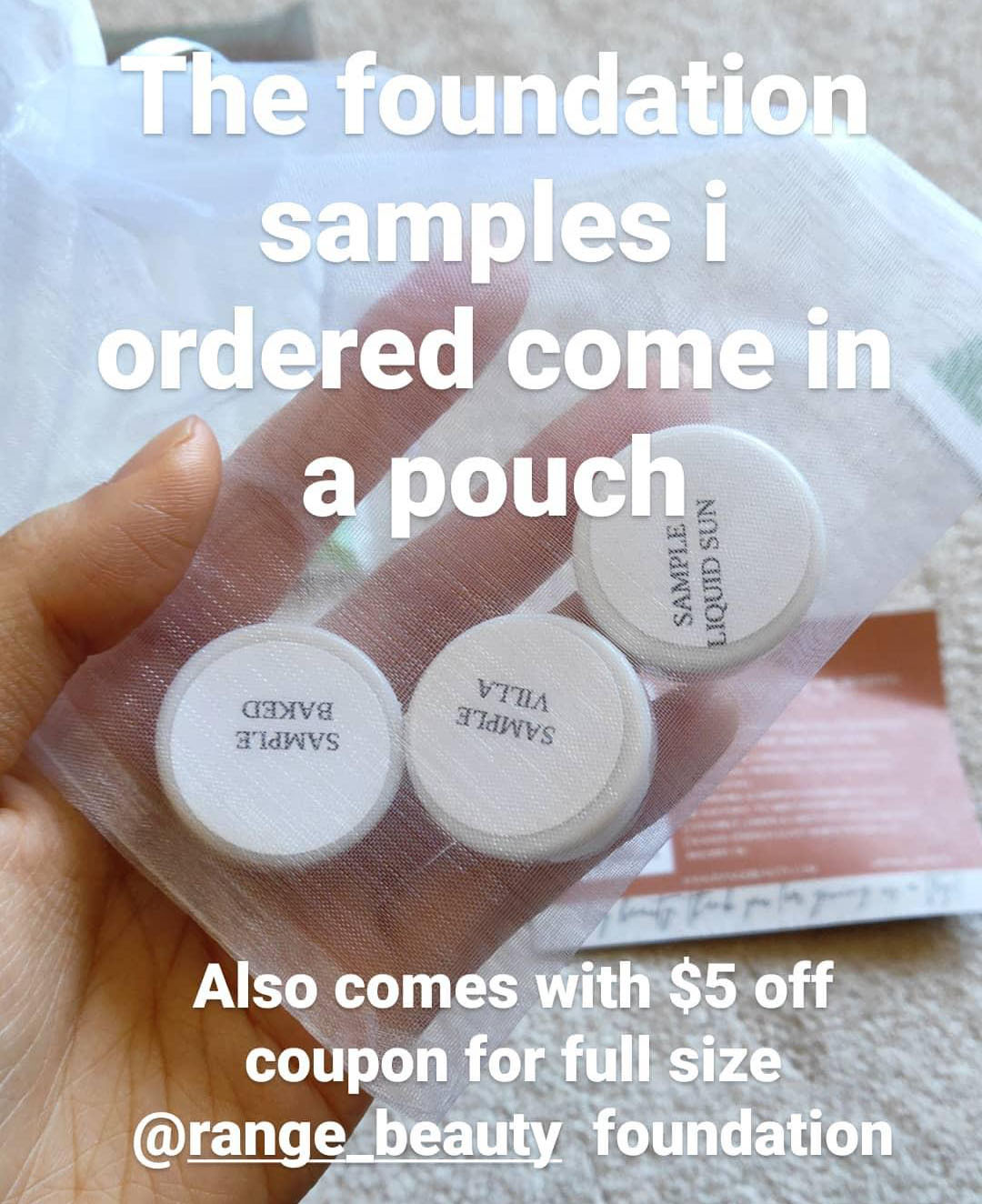 Picture from my Instagram story of the Range Beauty foundation samples in an organza pouch that they come in