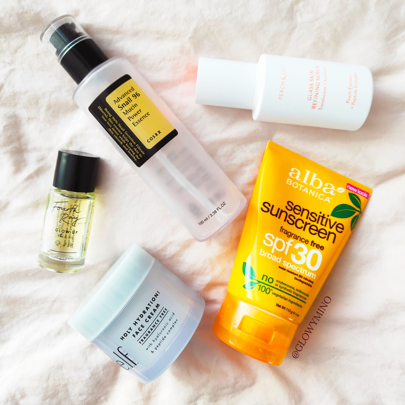 A flatlay of the products in my morning skincare routine (described below)