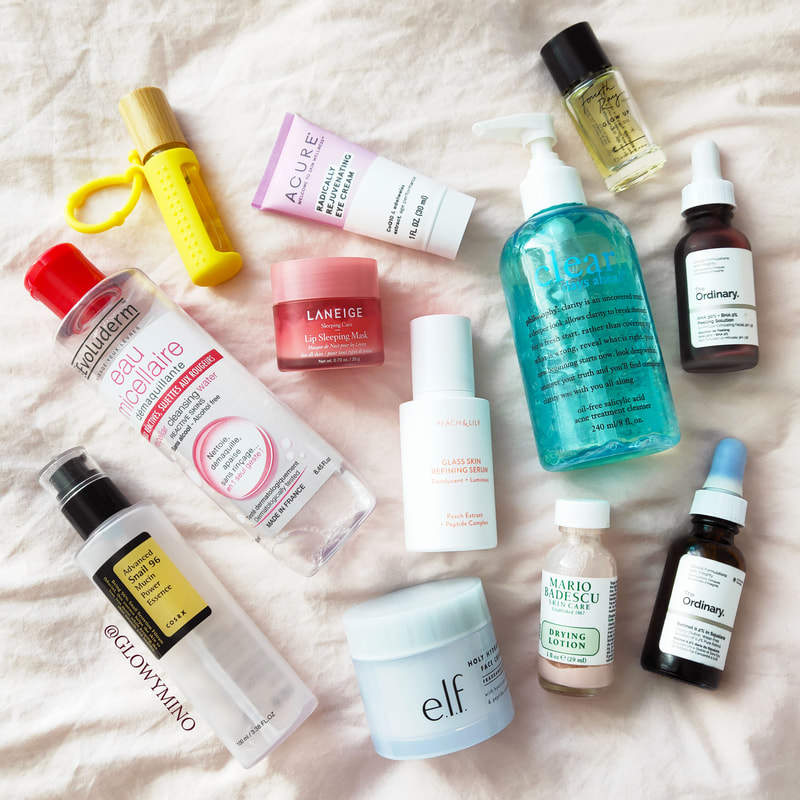 A flatlay of my nighttime skincare routine (described below)